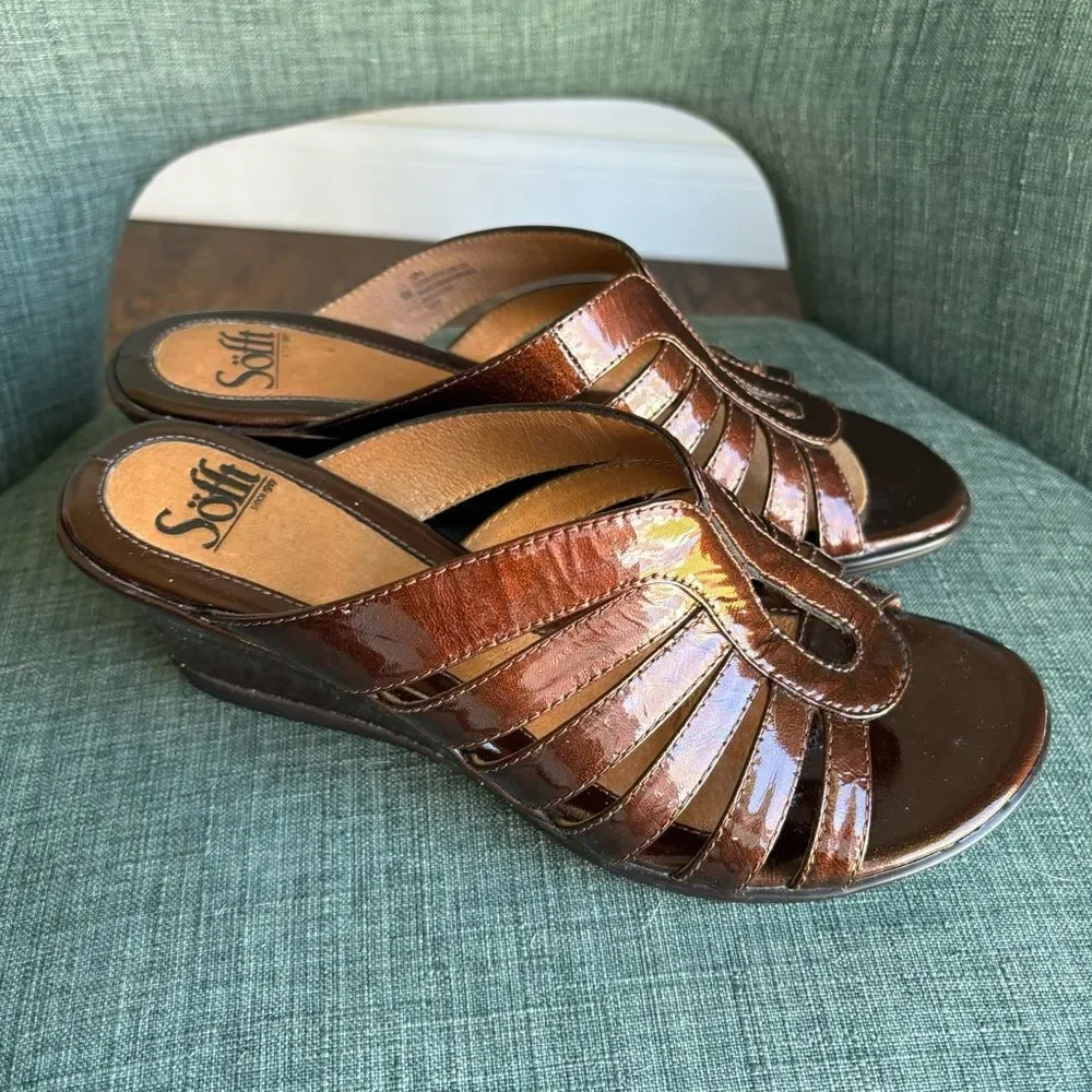 Sofft Women’s shiny leather brown wedge heel light weight comfortable size 8 EUC